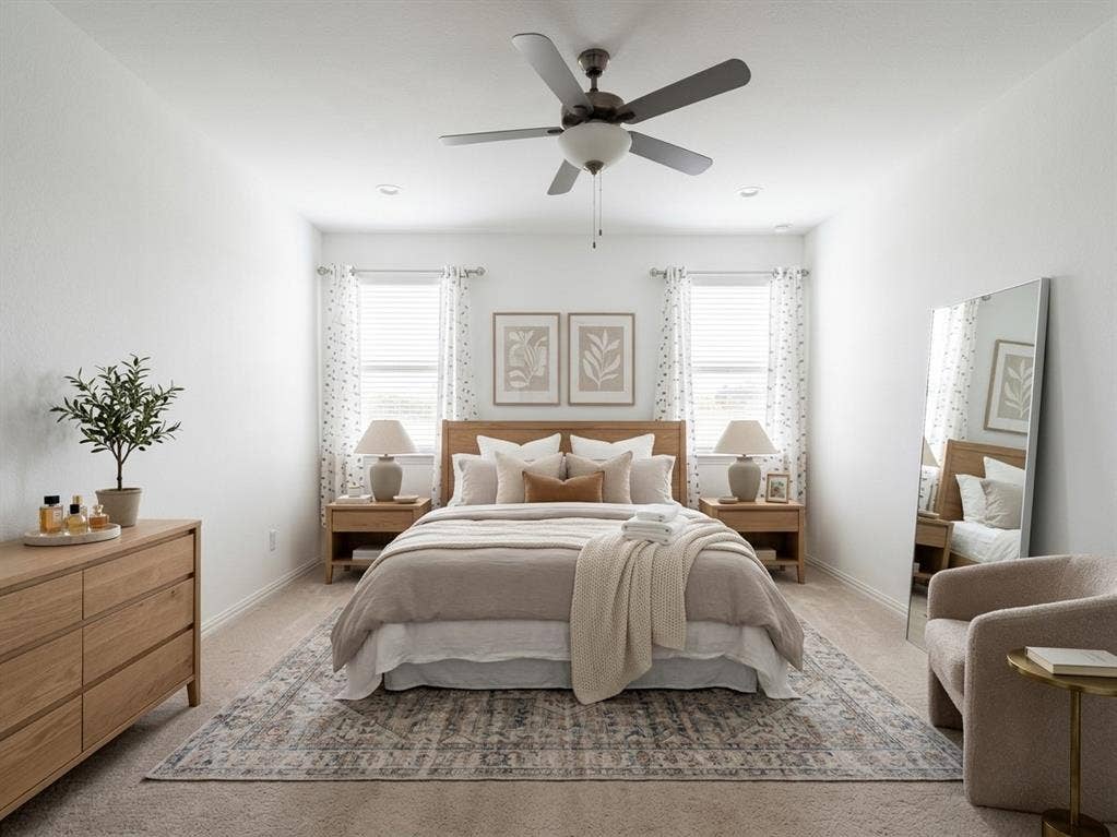 3308 Chasemoor Drive, Denton, TX 76207 Recessed lighting, ceiling fan with integrated light, two windows with blinds, and light-toned wall finishes