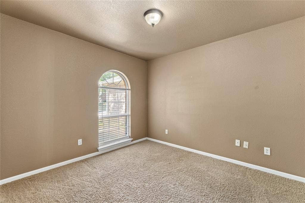 624 Willow Creek Drive, Hewitt, TX 76643 Arch-top window with blinds, neutral-toned walls, and carpeted flooring