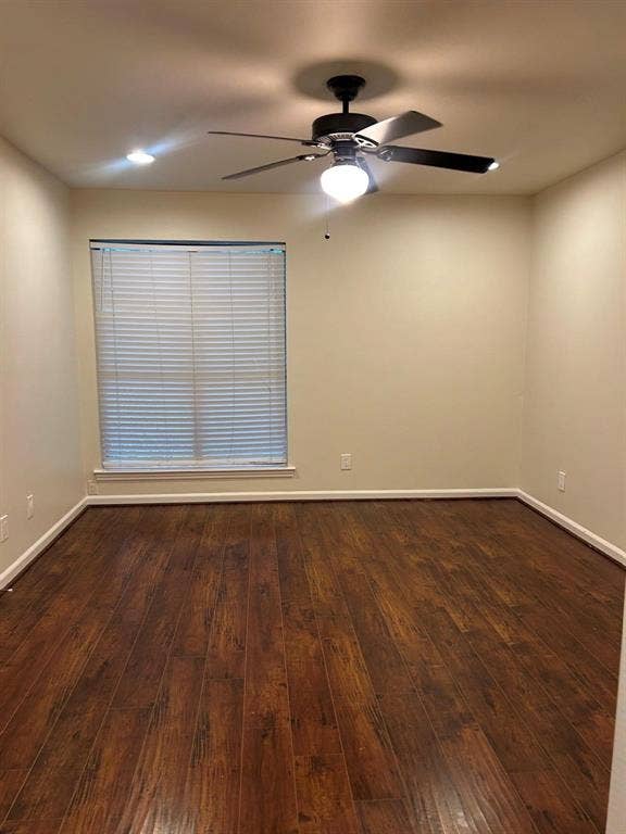 7525 Holly Hill Drive, #45, Dallas, TX 75231 Wood-finish flooring, recessed lighting, ceiling fan with integrated light, neutral wall tones, and window blinds