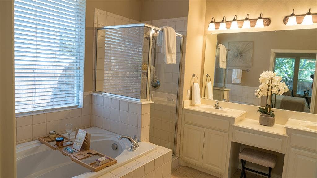Double Vanity Sink, walk in shower, garden tub
