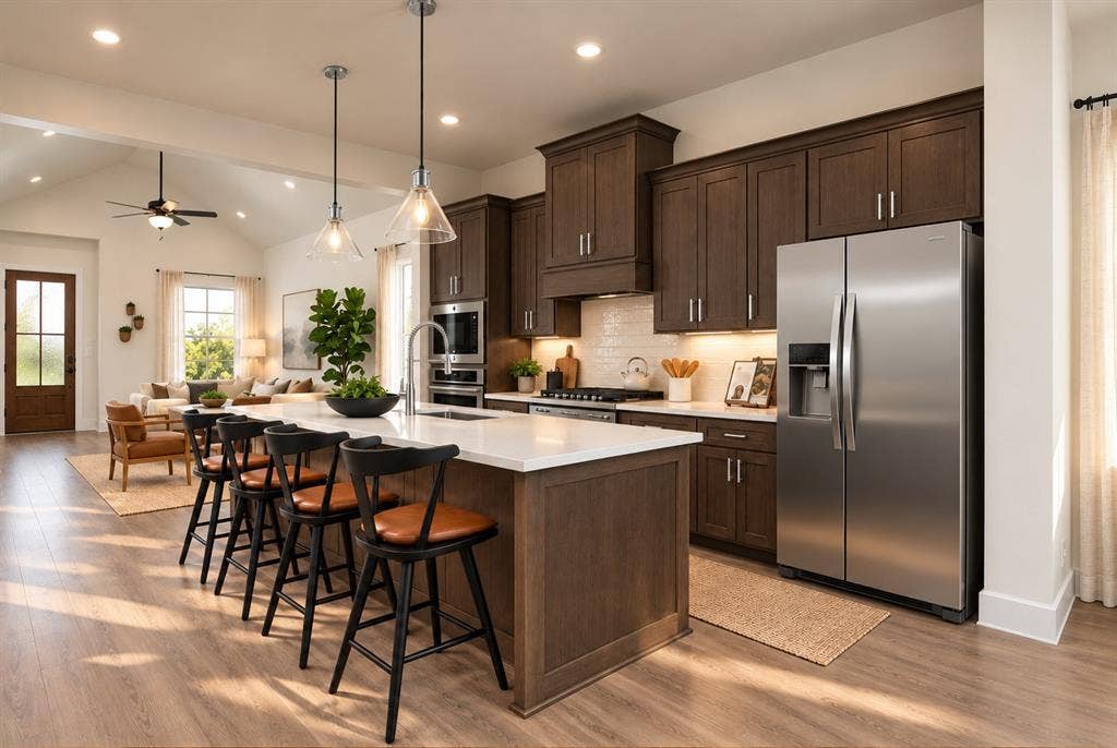 Spacious kitchen with a large central island, stainless steel appliances, dark wood cabinetry, and wood-finish flooring
