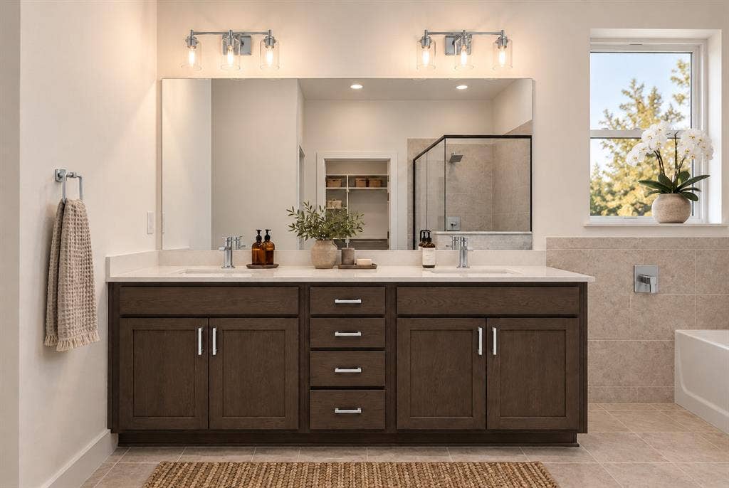Dual vanity with wood-finish cabinetry, white countertop, and chrome fixtures