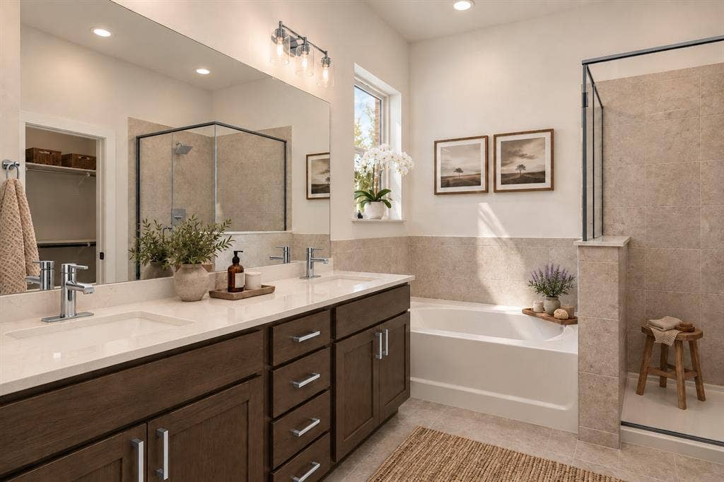 Dual vanity with white countertops, undermount sinks, and chrome faucets