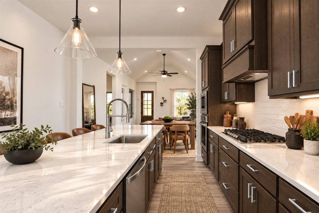 Spacious kitchen featuring an elongated island with integrated sink, dark wood-finish cabinetry, light-toned countertops, a gas range, and a tile backsplash