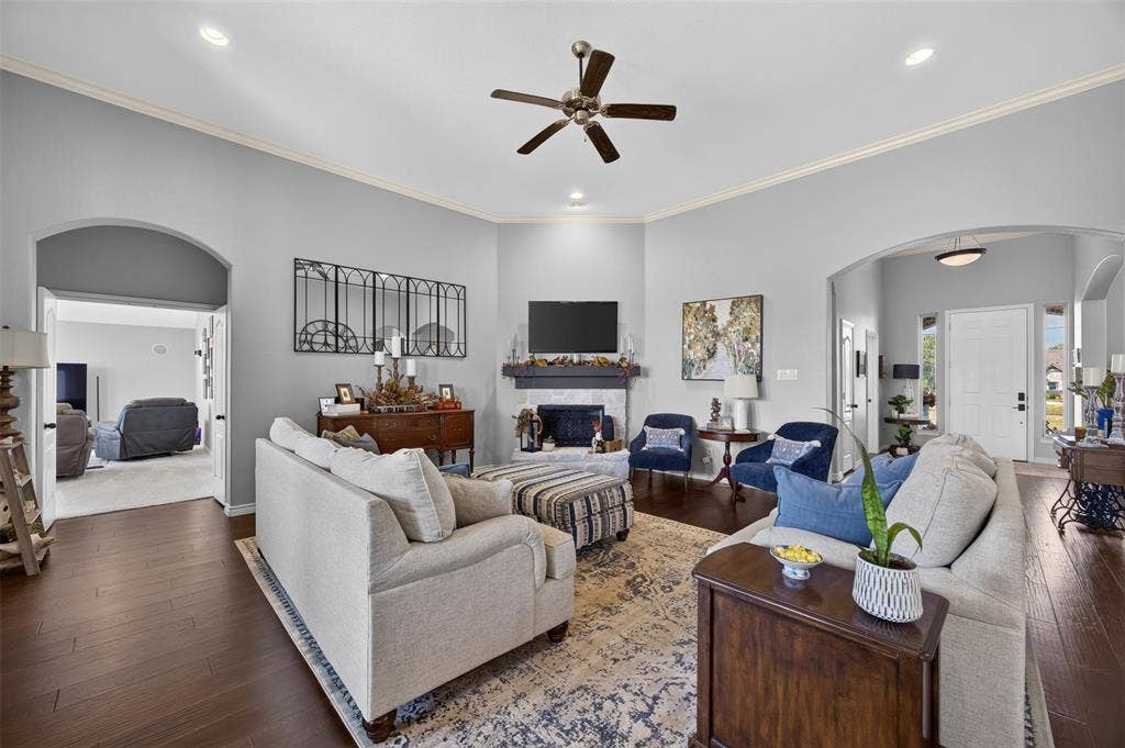 225 Diamond Rose Drive, Burleson, TX 76028 20x20 living room with stone wood-burning fireplace