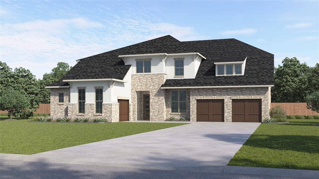 10526 Cromwell Avenue, Dallas, TX 75229 Two-story exterior with a mixed material facade, an attached three-car garage, and an asphalt shingle roof