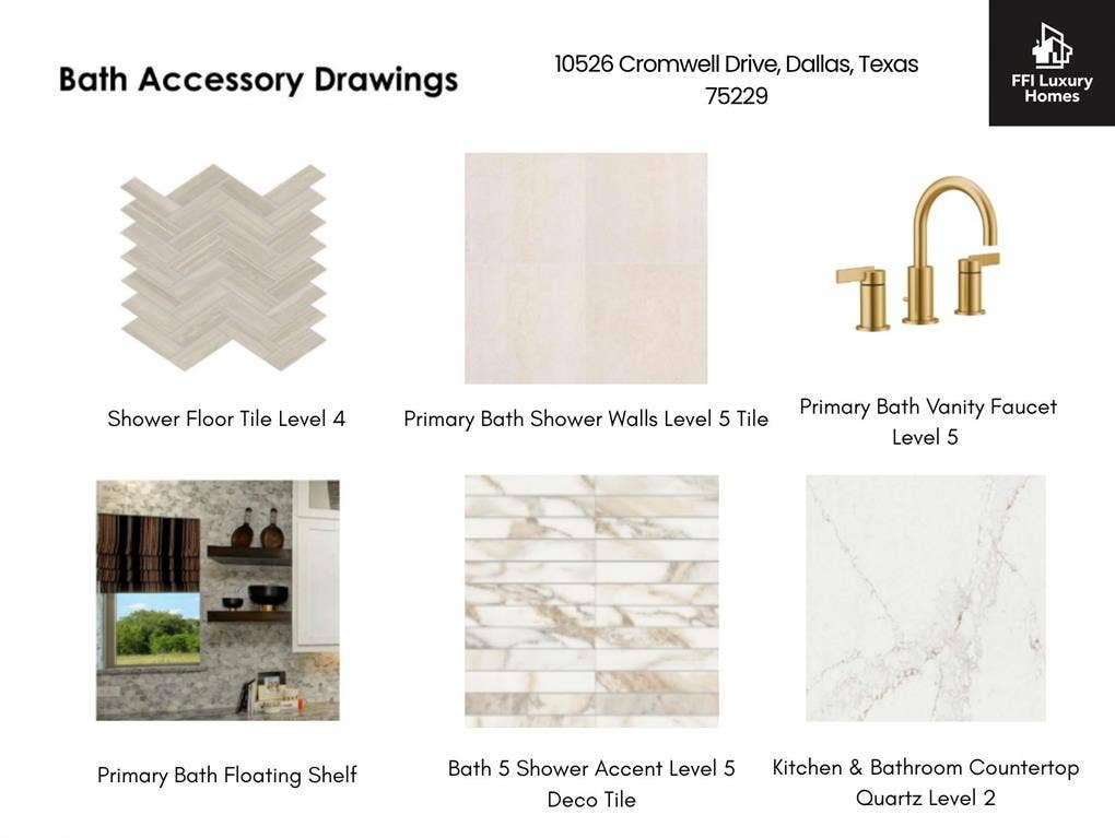 10526 Cromwell Avenue, Dallas, TX 75229 Bath Accessory Drawings. Displaying material and fixture selections for the property located at 10526 Cromwell Drive, Dallas, Texas 75229