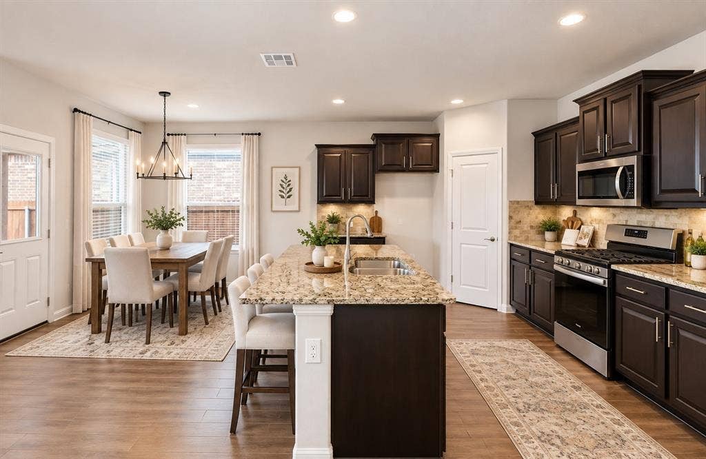 9005 Fescue Drive, Fort Worth, TX 76179 Open-concept kitchen and dining area. Virtually staged.