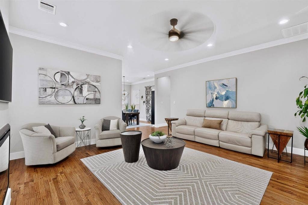 518 Crete Street, Dallas, TX 75203 Wood-finish flooring, recessed lighting, crown molding, and ceiling fan