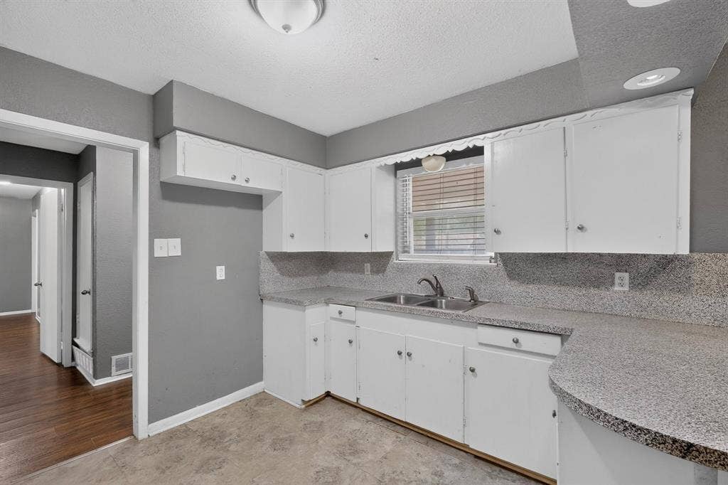 101 Spinner Circle, DeSoto, TX 75115 Kitchen featuring white cabinetry, a double basin stainless steel sink, speckled countertops, and ceiling-mounted lighting