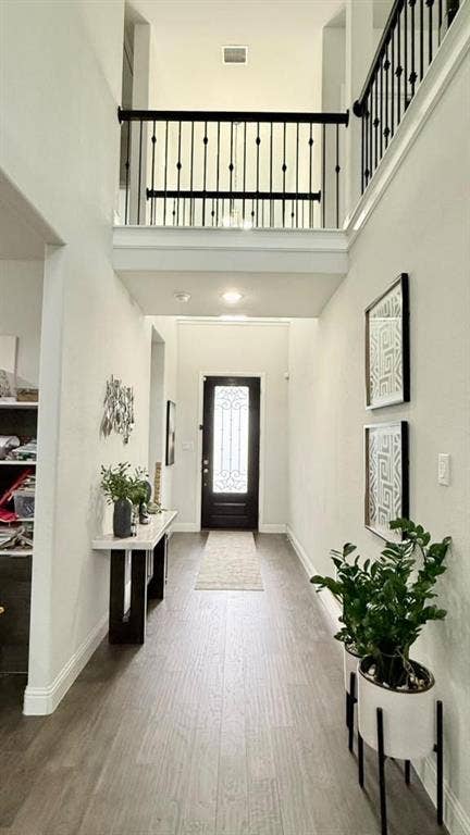 Foyer featuring a double-height ceiling, wood-finish flooring, and an iron balustrade with decorative detailing
