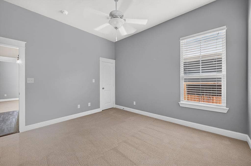 Neutral gray walls, beige carpet, white trim, single window with blinds, and a ceiling fan