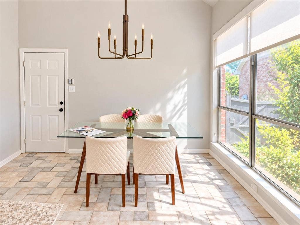 2917 Waterford Drive, Irving, TX 75063 Recessed lighting, large picture windows with roller shades, a six-light chandelier, and patterned tile flooring