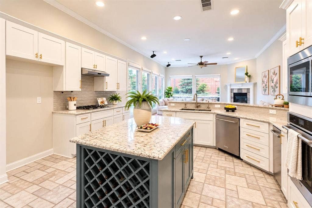 2917 Waterford Drive, Irving, TX 75063 Kitchen featuring white cabinetry, light-toned countertops, a center island with integrated wine storage, stainless steel appliances, and tile flooring