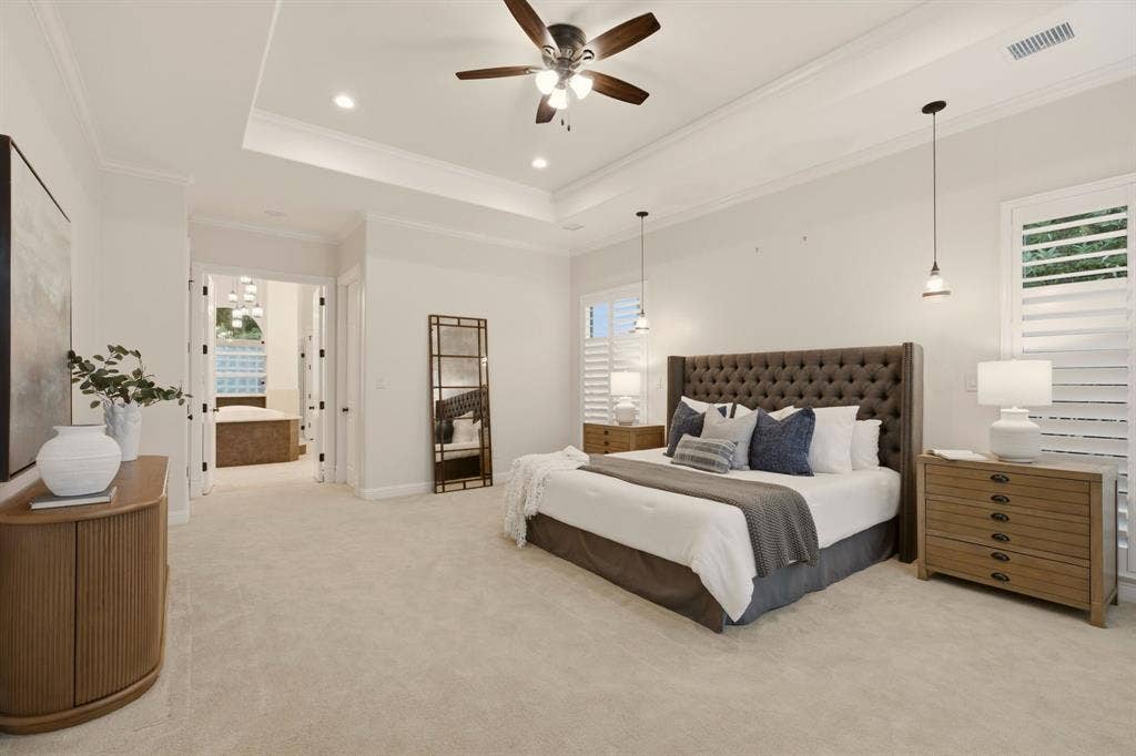 1120 Twin Oaks Drive, Prosper, TX 75078 A seller favorite ~ this oversized primary bedroom is a true retreat! Large windows & double doors fill the space with natural light, creating a peaceful connection to the outdoor setting.