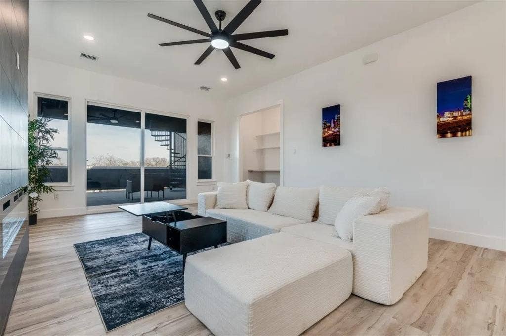 2802 Guymon Street, Dallas, TX 75212 Recessed lighting, wood-finish flooring, and a contemporary ceiling fan