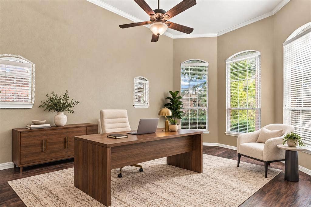 1905 Canyon Wren Drive, McKinney, TX 75071 Office featuring multiple arched windows, a wood-style flooring, ceiling fan, crown molding - furniture is virtually staged.