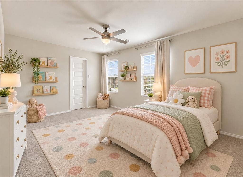 6304 Jib Court, Fort Worth, TX 76179 Plush carpeting throughout, ceiling fan with integrated lighting, two windows with blinds and drapery, and a solid interior door with hardware