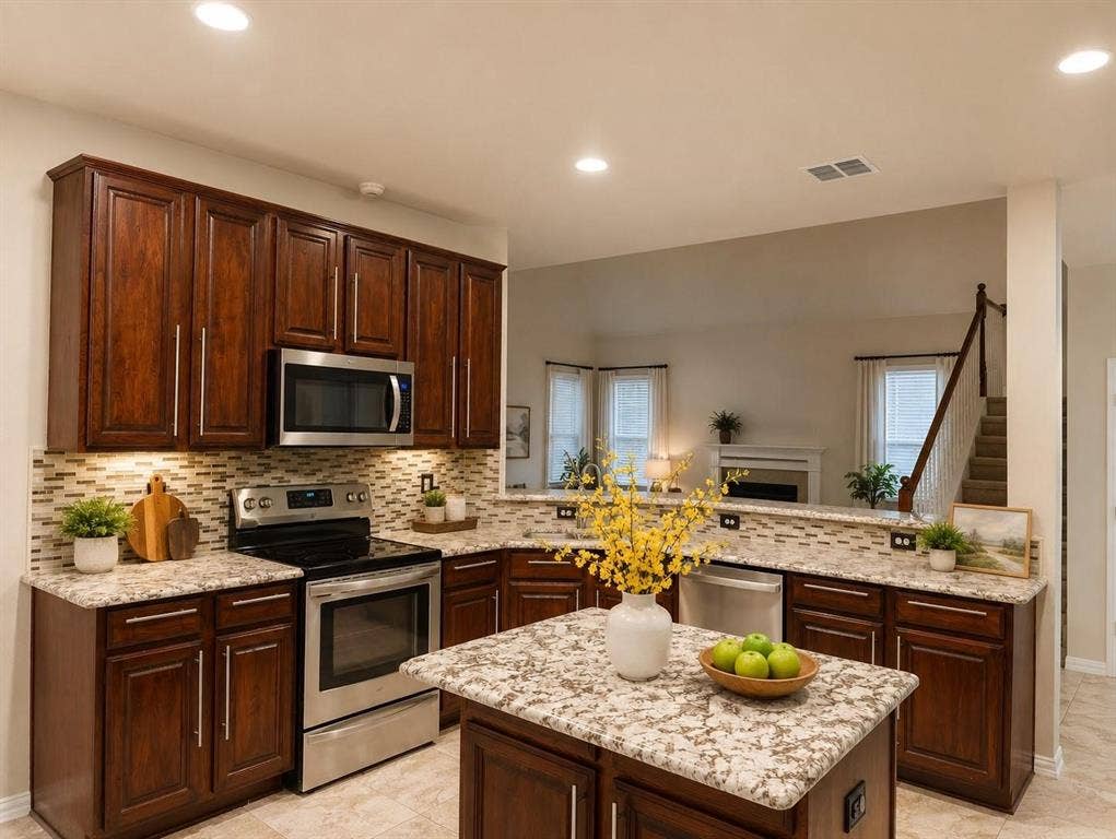 1114 Hidden Creek Drive, Allen, TX 75002 Kitchen featuring dark wood-finish cabinetry, granite countertops, tile backsplash, stainless steel appliances, and a central island