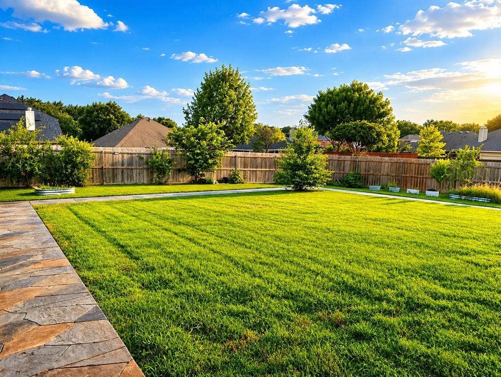 1114 Hidden Creek Drive, Allen, TX 75002 Expansive grassy yard with a natural wood privacy fence, stone-finish patio, and established perimeter plantings