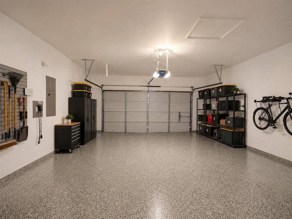 1114 Hidden Creek Drive, Allen, TX 75002 Garage featuring a speckled epoxy floor, overhead lighting, and built-in door