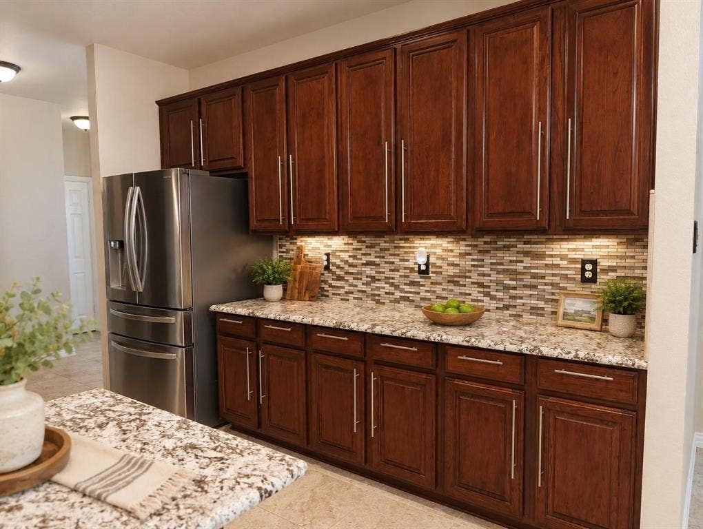 1114 Hidden Creek Drive, Allen, TX 75002 Wood-finish cabinetry paired with granite countertops and a mosaic tile backsplash