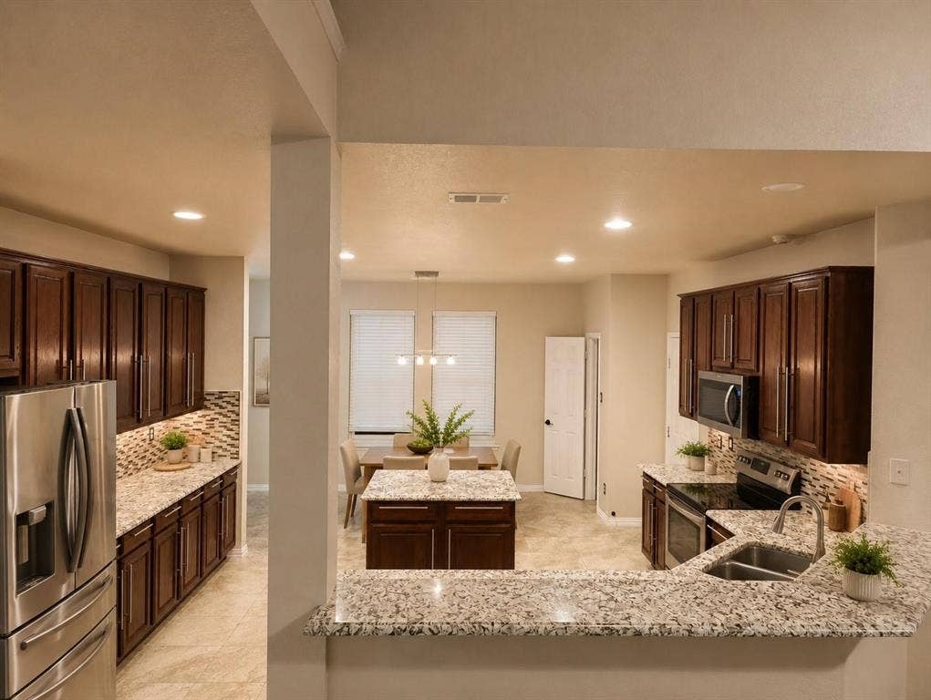 1114 Hidden Creek Drive, Allen, TX 75002 Kitchen featuring wood cabinetry, light-toned stone countertops, and stainless steel appliances