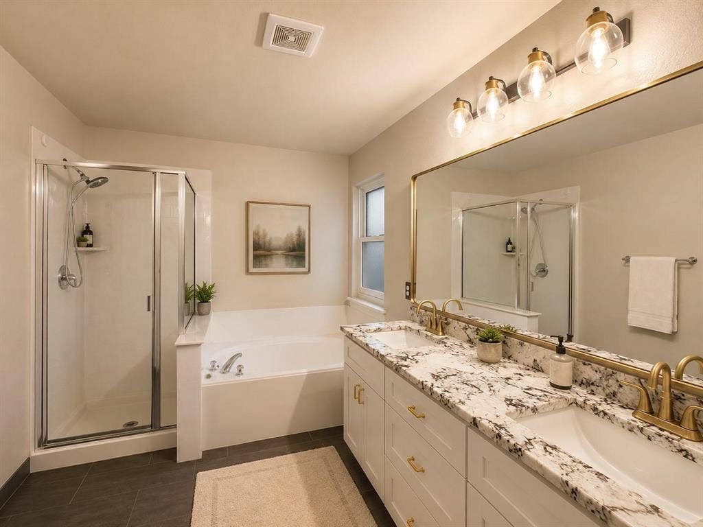 1114 Hidden Creek Drive, Allen, TX 75002 Dual vanity with undermount sinks, granite countertop, frameless mirror, walk-in shower with glass enclosure, and a built-in tub