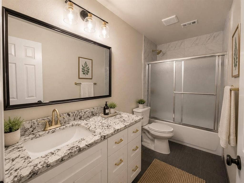 1114 Hidden Creek Drive, Allen, TX 75002 White vanity with gold hardware, a white undermount sink, and a speckled countertop