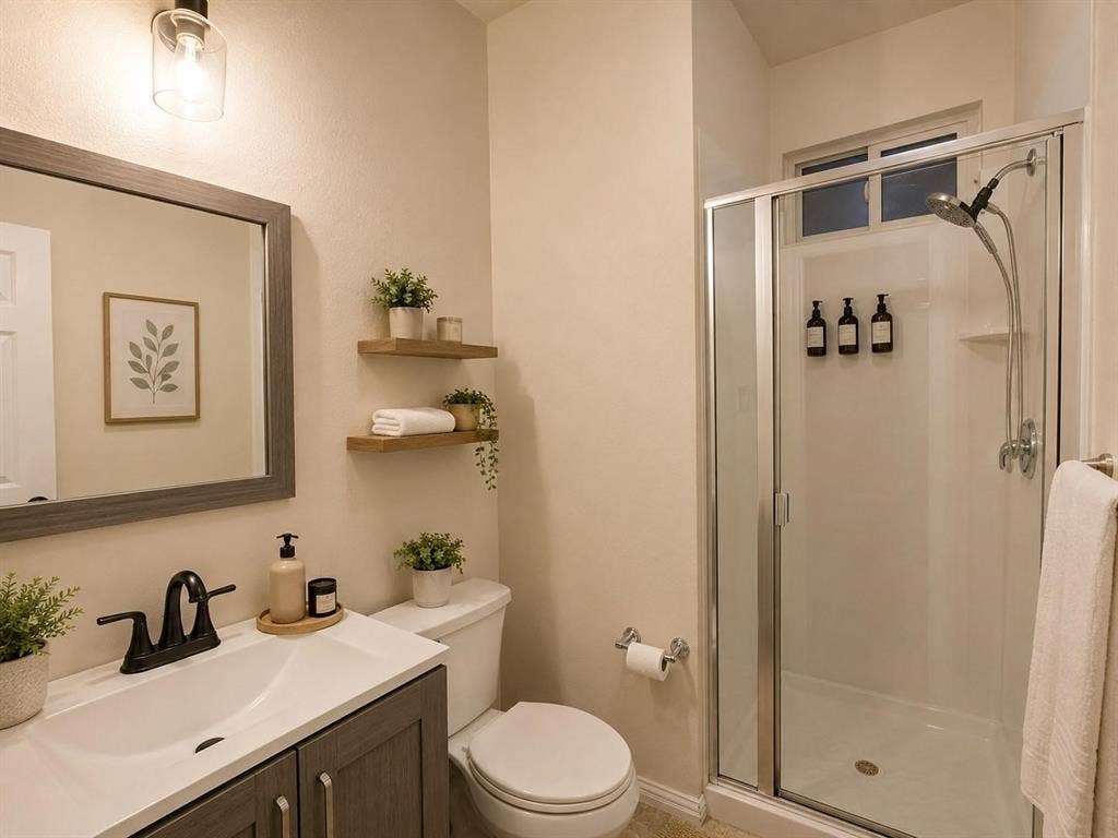 1114 Hidden Creek Drive, Allen, TX 75002 Modern vanity with a white countertop and dark gray cabinetry, framed mirror, and matte black faucet