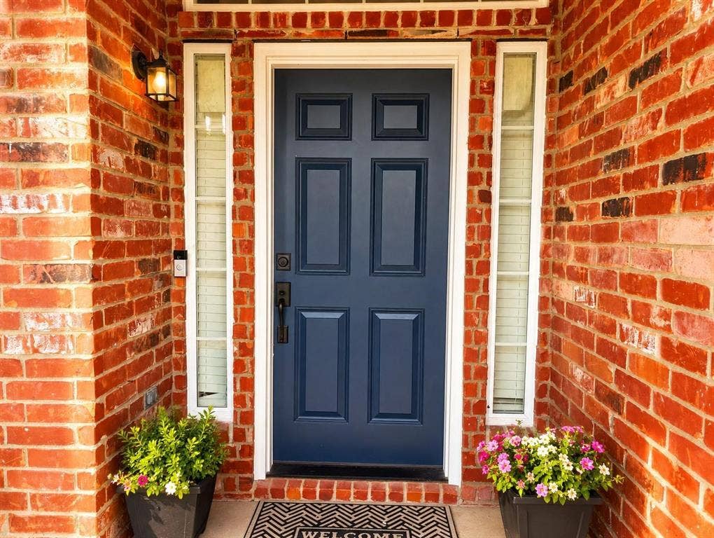 1114 Hidden Creek Drive, Allen, TX 75002 Brick facade with a paneled entry door, sidelight windows, and an exterior sconce