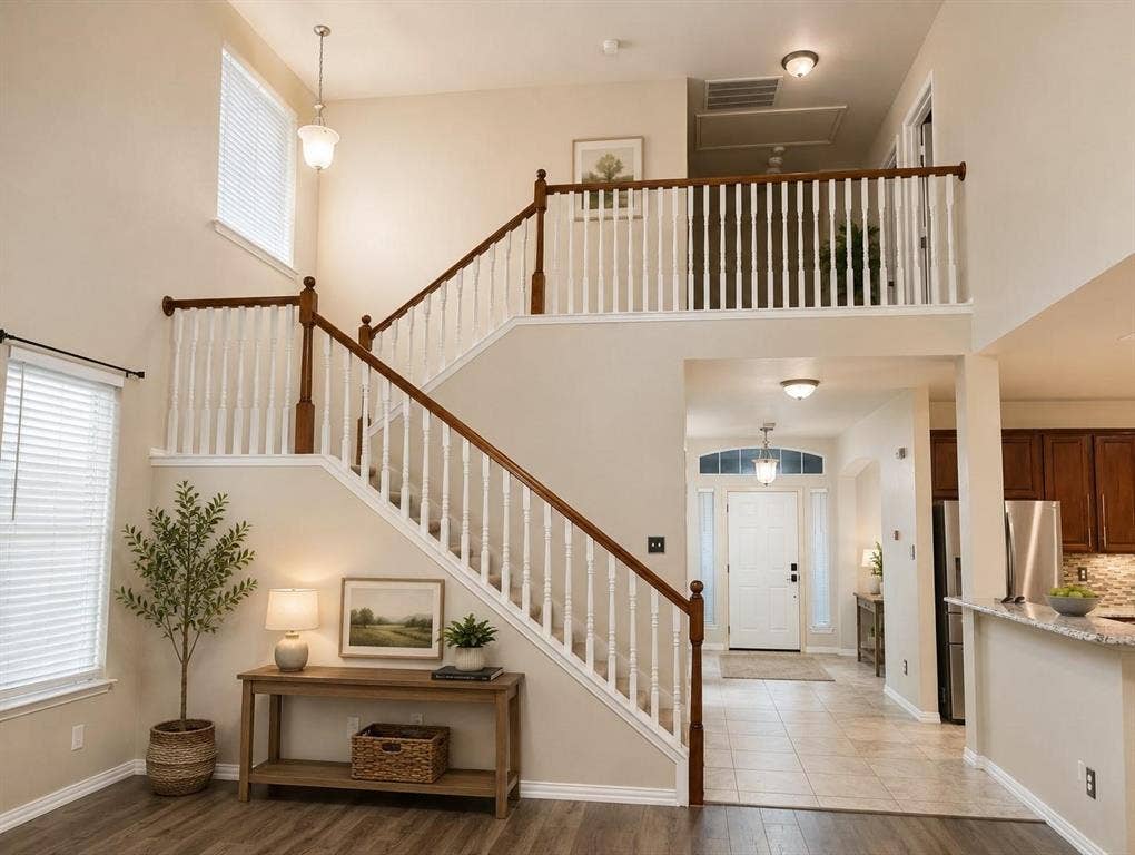 1114 Hidden Creek Drive, Allen, TX 75002 Grand entryway featuring a two-story foyer, wood-finish flooring, and a staircase with wood newel posts and handrails