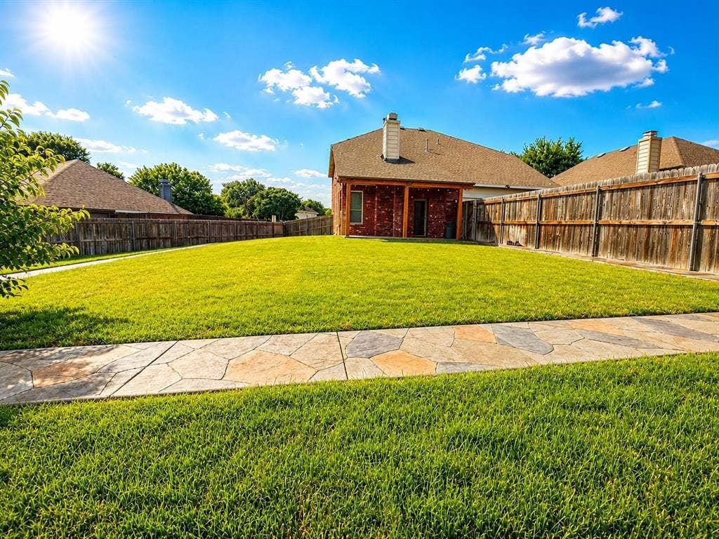 1114 Hidden Creek Drive, Allen, TX 75002 Expansive backyard featuring a lush lawn, stone-patterned walkway, and privacy fencing
