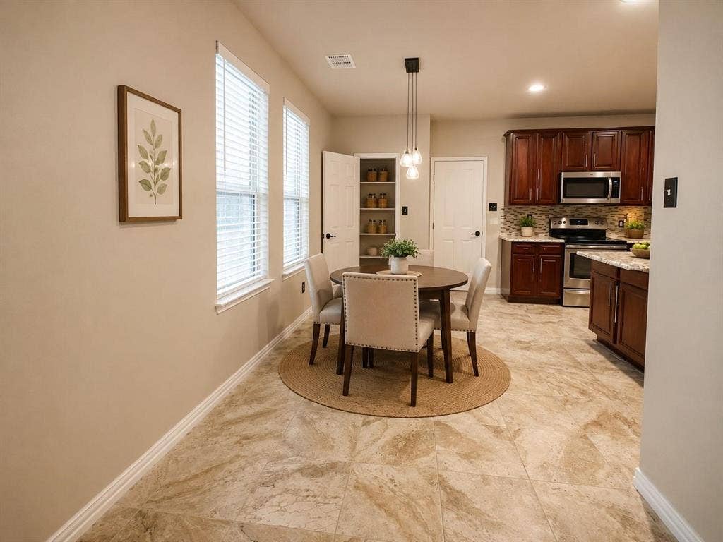 1114 Hidden Creek Drive, Allen, TX 75002 Open-concept kitchen and dining area featuring stone-look tile flooring, dark wood-finish cabinetry, stainless steel appliances, and a mosaic tile backsplash
