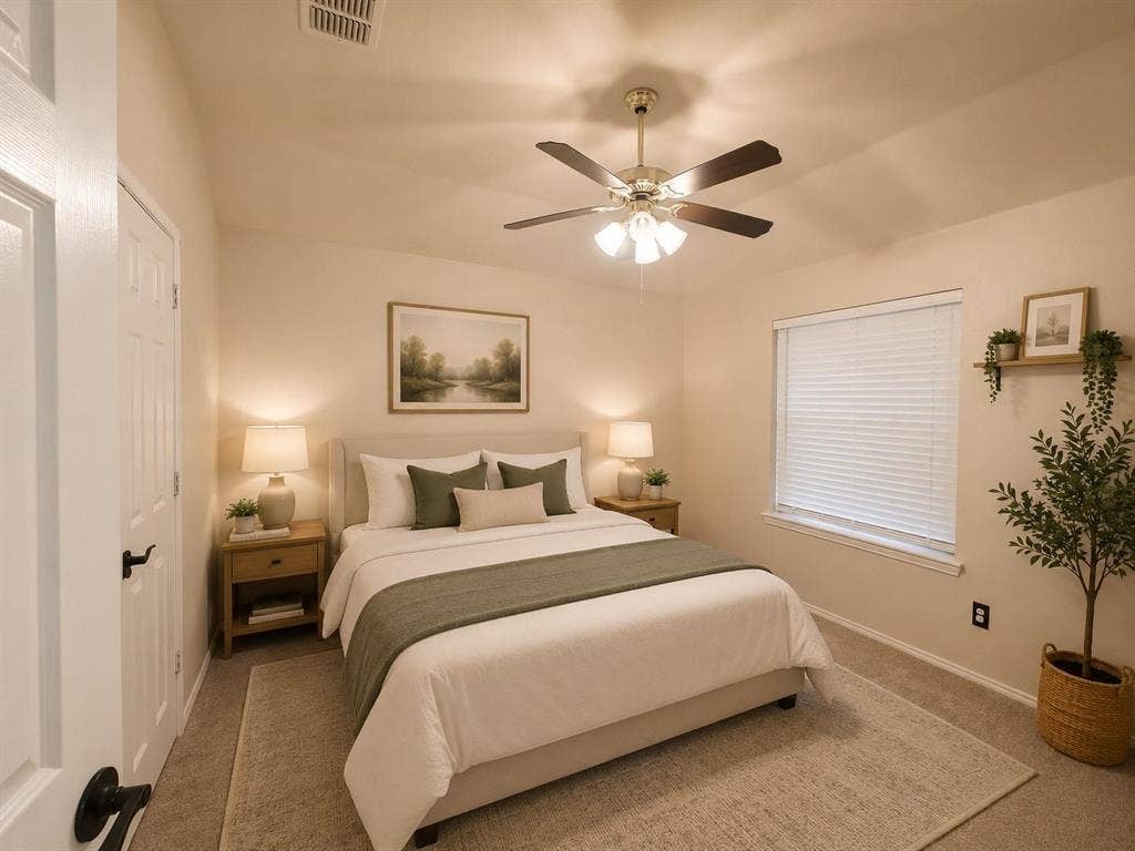 1114 Hidden Creek Drive, Allen, TX 75002 Carpeted room with a ceiling fan, window with blinds, and white door