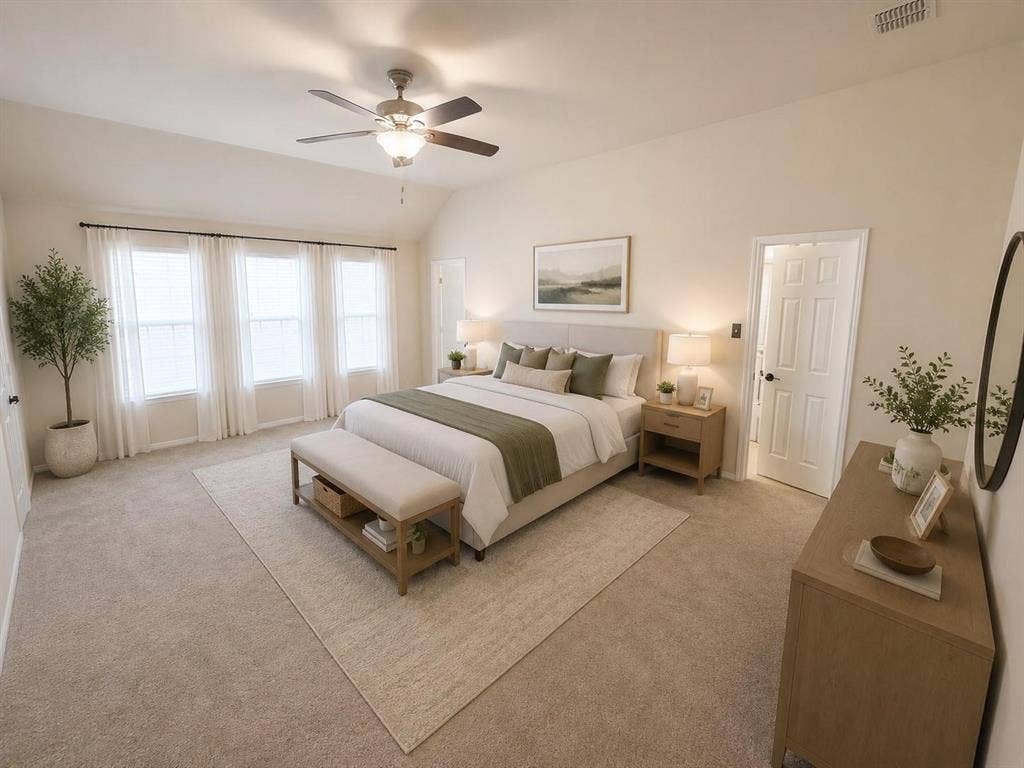 1114 Hidden Creek Drive, Allen, TX 75002 Vaulted ceiling, ceiling fan with integrated lighting, three large windows, neutral carpet flooring, and a paneled door