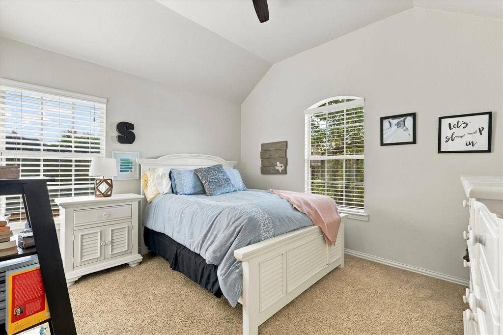 Vaulted ceiling featuring a central light fixture, neutral carpeted flooring, and two windows with arched detailing