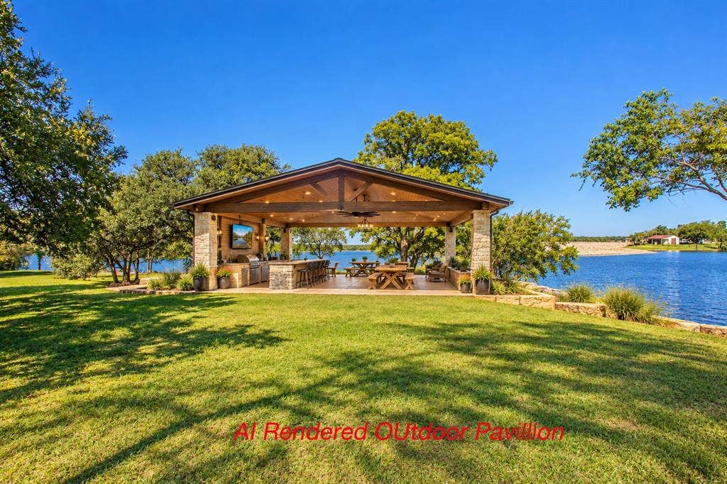 118 Spring Lake Drive, Lacy Lakeview, TX 76705 Dream some more....AI rendering of an Expansive outdoor pavilion featuring a stone-clad kitchen, integrated bar seating, and a large roof structure with exposed wood beams in place of the workshop/RV structure!
