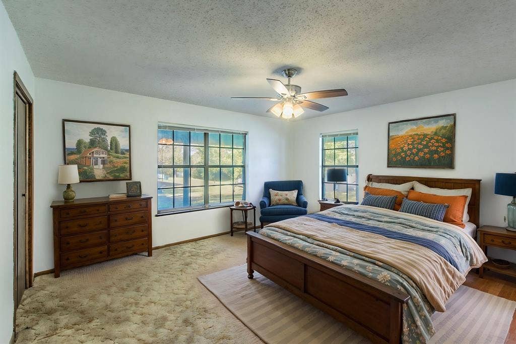 118 Spring Lake Drive, Lacy Lakeview, TX 76705 Ceiling fan with light fixture, multiple windows in this spacious bedroom