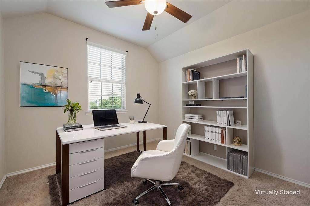 9801 Moccasin Creek Lane, McKinney, TX 75071 Vaulted ceiling with a ceiling fan, window with blinds, and built-in shelving unit