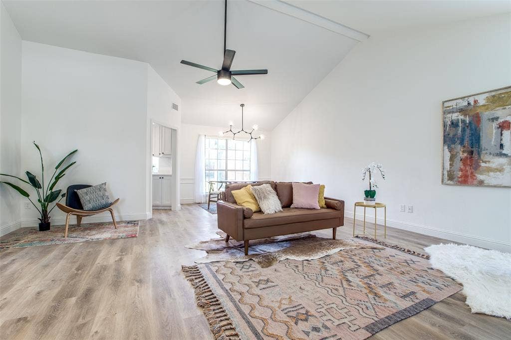 8341 Edgewater Drive, Frisco, TX 75034 Vaulted ceiling with a ceiling fan, recessed lighting, and wood-finish flooring