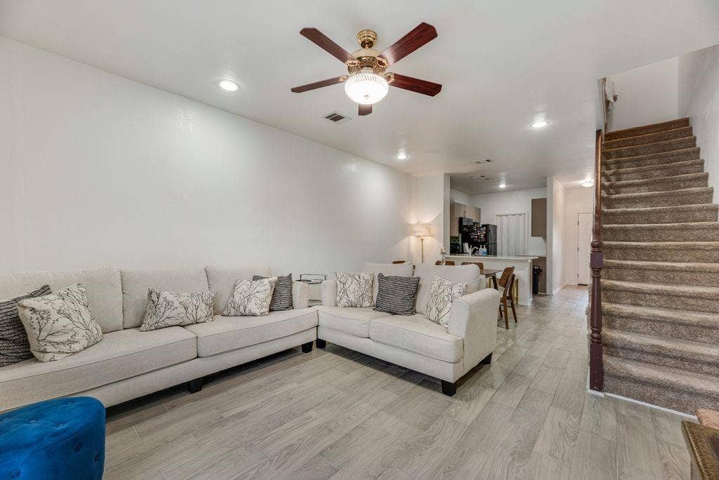 3801 14th Street, #1905, Plano, TX 75074 Living area featuring light wood-finish flooring, recessed lighting, and a ceiling fan