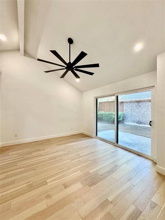 3706 Aries Drive, Garland, TX 75044 Vaulted ceiling with exposed beam, recessed lighting, wood-finish flooring, and a multi-blade ceiling fan