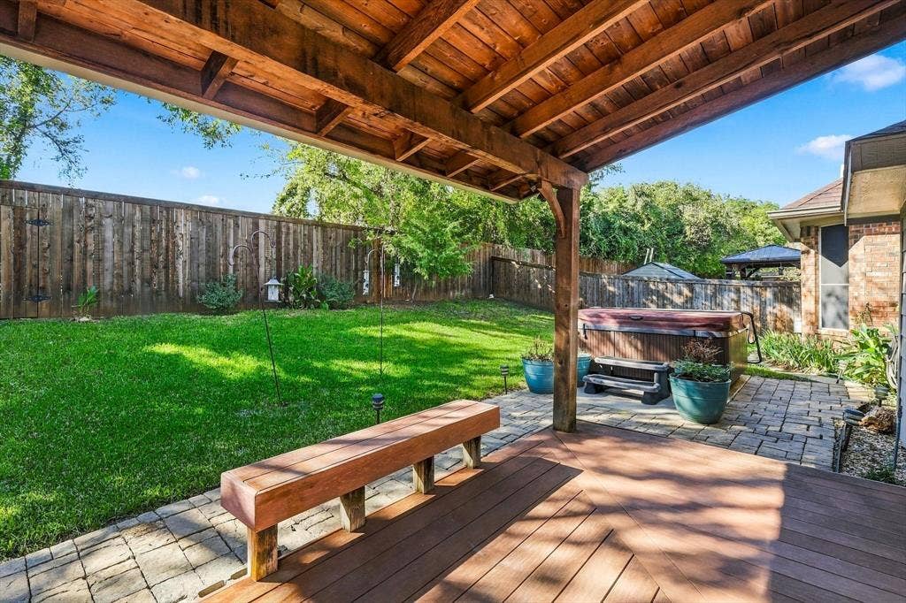 103 Deerpath Road, Hickory Creek, TX 75065 Covered patio with a wood-finish ceiling, composite decking, and a built-in spa
