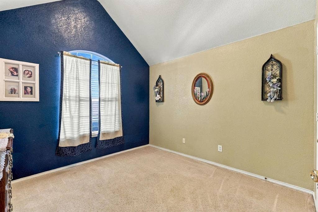 Vaulted ceiling, arched transom window, neutral carpet, and two-tone wall finishes