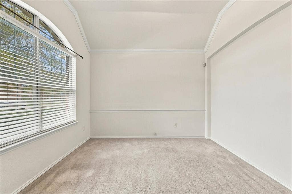 Arched window with blinds, vaulted ceiling, crown molding, chair rail molding, and neutral carpeting