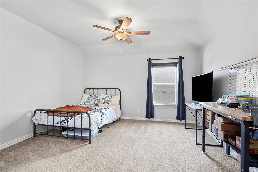 Carpeted room with a ceiling fan, a window, and a built-in pegboard wall