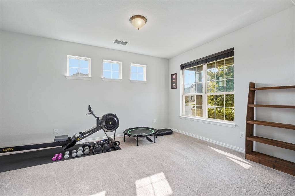 Bright room featuring light-colored carpeting and white walls
