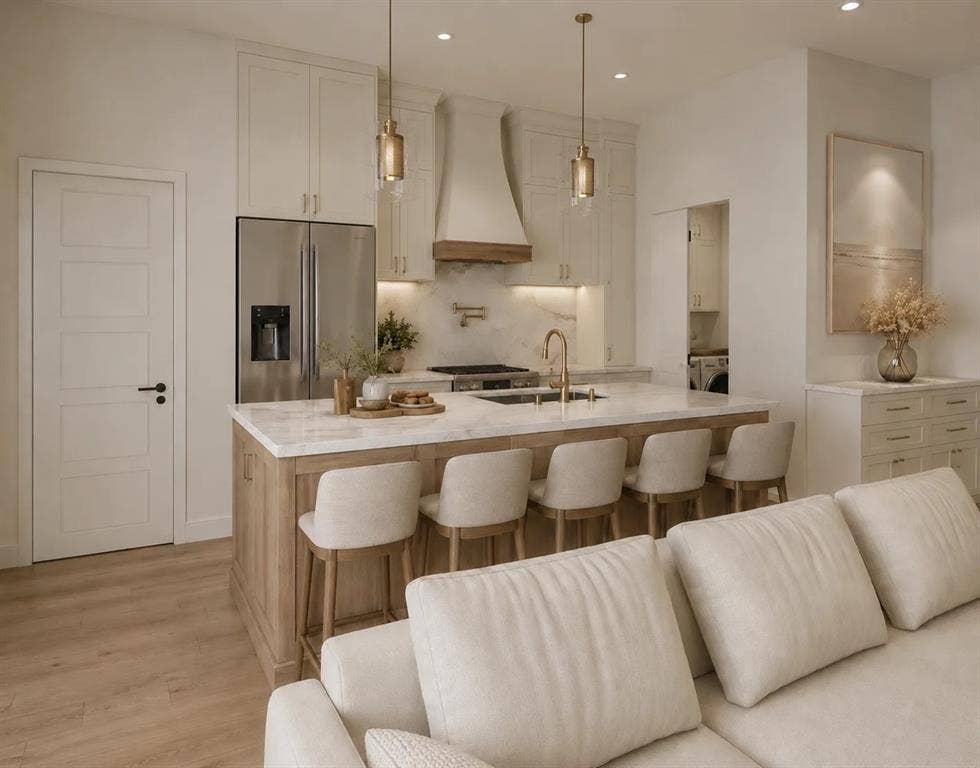 816 Oak Lane, Cottonwood Shores, TX 78657 Interior design rendering illustrating the proposed finished space. Final finishes may vary. Integrated kitchen featuring a large central island with seating, stainless steel appliances, white cabinetry, and recessed lighting