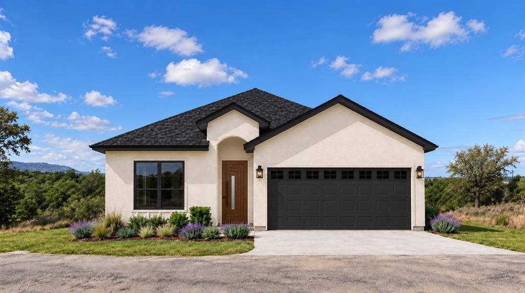 816 Oak Lane, Cottonwood Shores, TX 78657 Architectural rendering of proposed finished home. Final appearance and finishes may vary. Stucco exterior with a dark shingle roof, black-framed windows, and a wood-panel entry door
